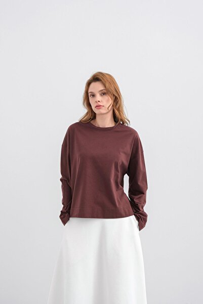Basicpark Brown Women's Crew Neck Skirt Slit 100% Cotton Oversized Basic Sweatshirt