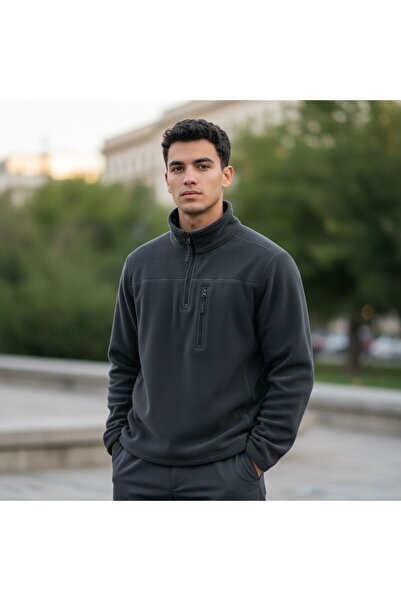 GÖMLEK GALERİSİ Unisex Regular Fit Half Zip Mock Neck Fleece Sweatshirt