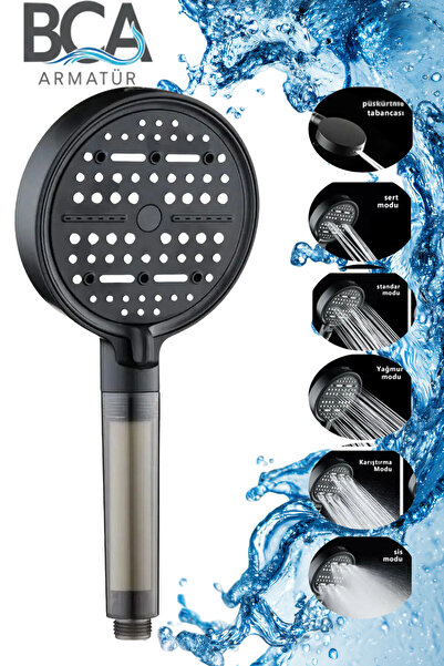 BCA Armatür 6 Fonksiyonlu Filtreli Duş Başlığı Siyah Su Tasarruflu Basınçlı K...