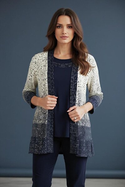 bluzzen Model geometric cu părți interioare și exterioare, cu margini cu piatră, model confortabil, alb, bleumarin, set de 2 pentru mamă