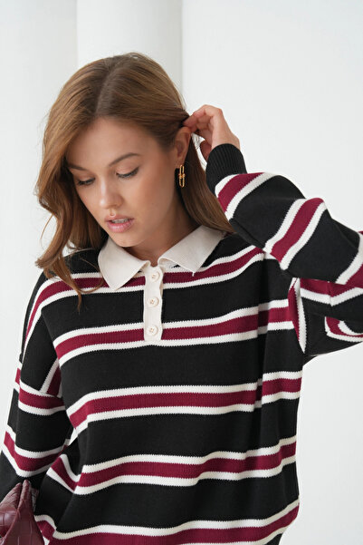 Park Karon Women's Polo Neck Striped Soft Textured Oversized Knitwear Sweater