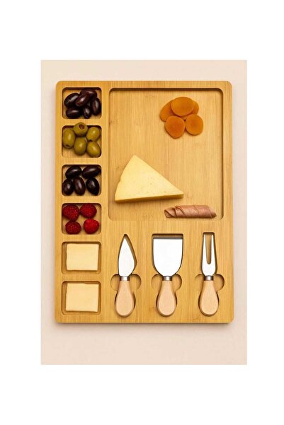 Home Bamboo Cheese Presentation and Breakfast Board Set of 4 – 3 Knives + Com...