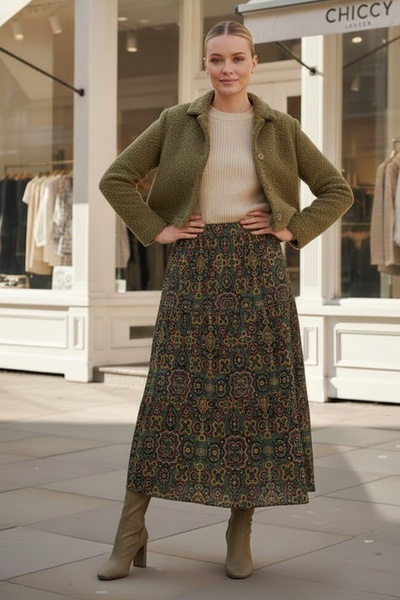 Chiccy Σκούρο πράσινο με έθνικ σχέδιο Allover με τύπωμα ελαστική μέση casual μακριά υφαντή φούστα 95 60