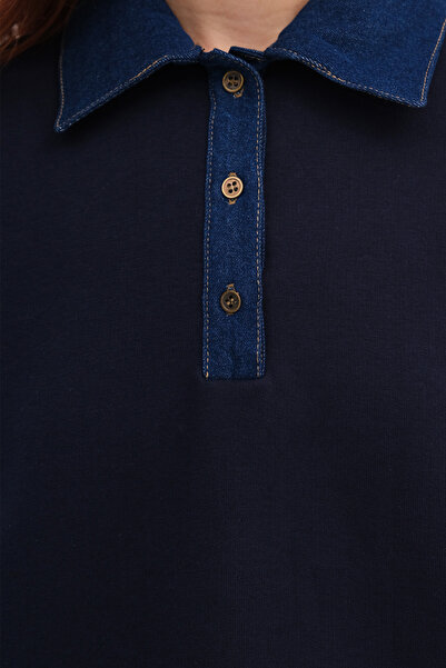 Addax Denim Collar Fleece-Lined Sweatshirt S17739