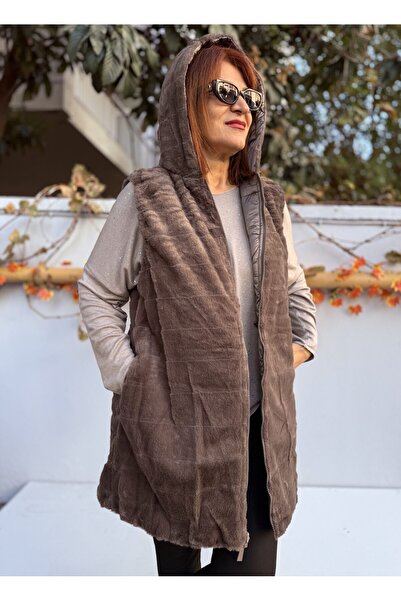 DenizEge Коричневий жилет з капюшоном і хутряною підкладкою