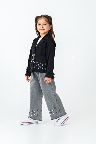 CLOUDY WEAR&DESİGN Kız Çocuk Nakış Detaylı Pembe Trençkot&Çiçekli Jean&Tişört 3'lü Takım