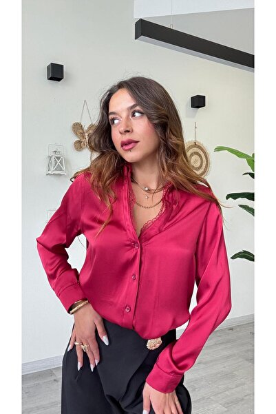 modadagiyim Red Women's Satin Lace Detail Premium Shirt
