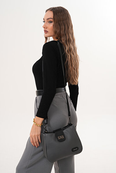 Morpelikan Geantă de umăr pentru femei, cu trei compartimente, cu închidere cu blocare, cu curea reglabilă pentru umăr și curea încrucișată, de culoare gri închis.