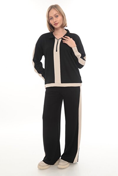 zitex Modal Fabric Tracksuit Set with Zippered Collar Side Stripe Adjustable Elastic Waist