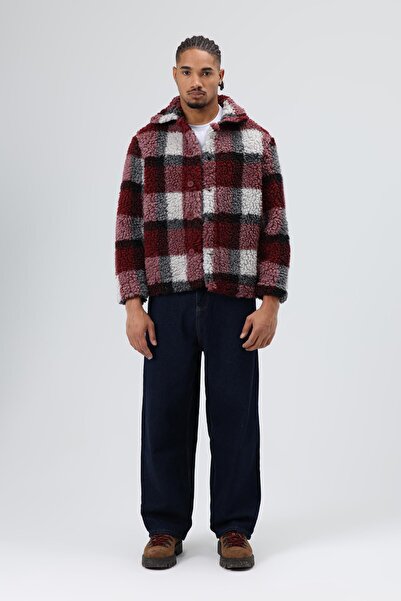 VAMOSCLO Oversized Plush Plaid Jacket Burgundy
