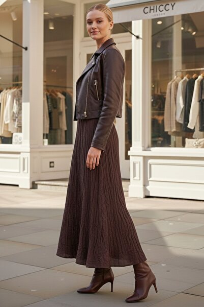 Chiccy Καφέ ελαστική μέση casual μακριά υφαντή φούστα 95 60