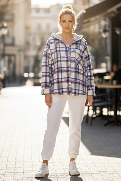 Chiccy Purple-White Hooded Long-Sleeved Lumberjack Plaid Button Pocket Woven Shirt 68 65