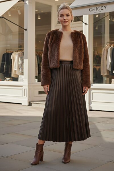 Chiccy Καφέ φούστα με πλισέ ελαστική μέση casual από συνθετικό δέρμα μακριά υφαντή φούστα 95 60