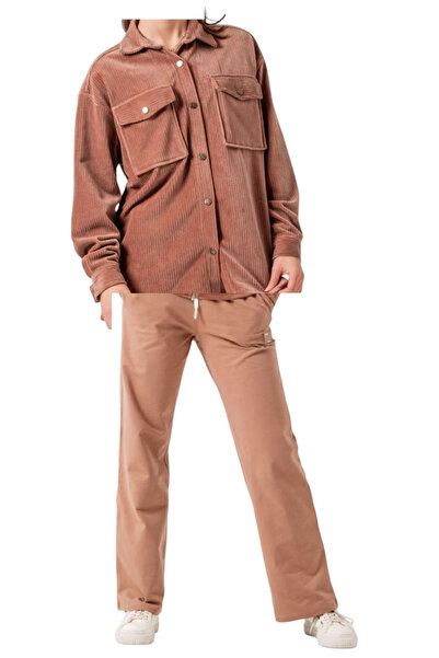 İrem Çocuk Giyim Girl's Velvet Brown Color Lumberjack Shirt with Trousers Ove...