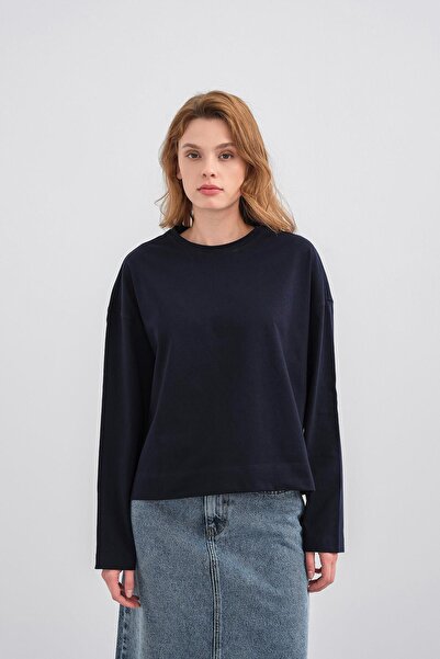 Basicpark Navy Blue Women's Crew Neck Skirt Slit 100% Cotton Oversized Basic Sweatshirt