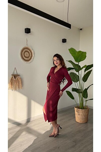 modadagiyim Red V-Neck Asymmetrical Cut Waist Buckle Detail Midi Very Stylish Dress