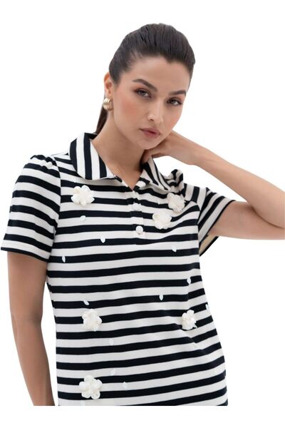 Generic Cal Moda Nautical Dress – Women's Striped Knit Dress with Collar, Short Sleeves & 3D Flower Embell