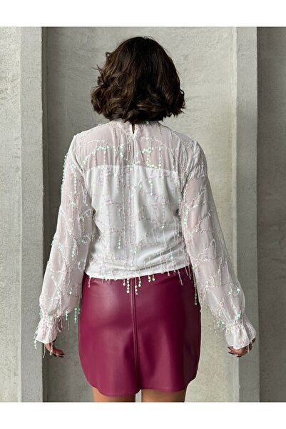 TOPSHOW Long Sleeve Blouse with Colorful Fringe Detail