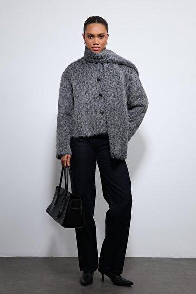 Antioch Anthracite Scarf Collar Faux Fur Coat