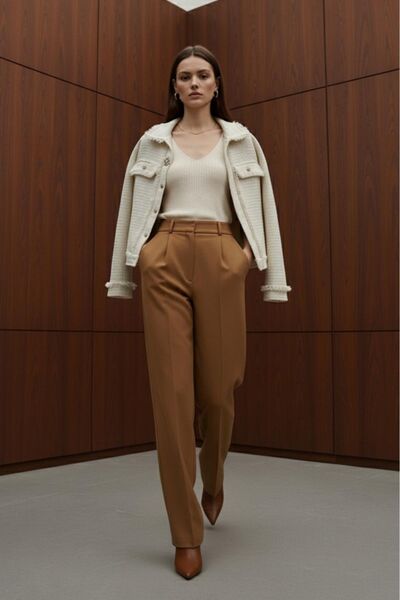 Byelmira Women's Gold Button Detailed Tweed Jacket Ecru