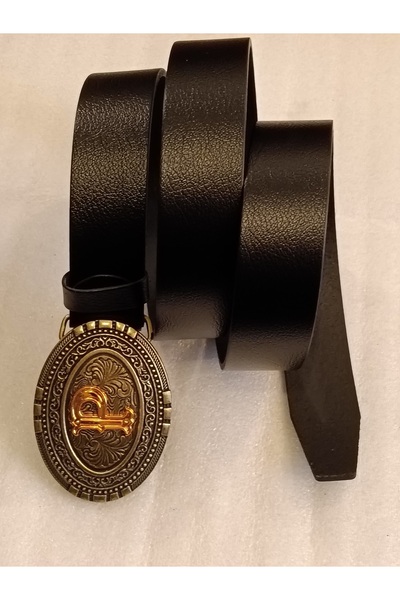 Butik Tülin حزام من جلد العجل الأصلي للجنسين، مزخرف بنقشة سوداء وحروف P ذهبية...