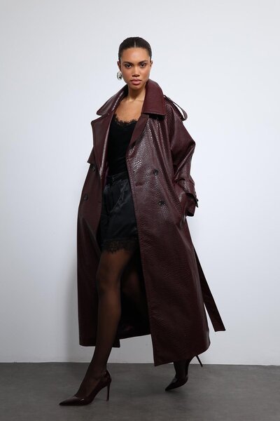 Antioch Burgundy Textured Faux Leather Trench Coat
