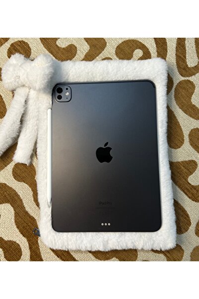 MUTE BAG Plush Tablet Bag / White Plush Tablet Case with Bow Charm 11'' - 12'' Inch (30*22)