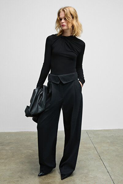 GRIMELANGE Haze Women's Round Neck Front Knot Detail Long Sleeve Bodycon Stretchy Fabric Snap Fastener Black Bodysuit