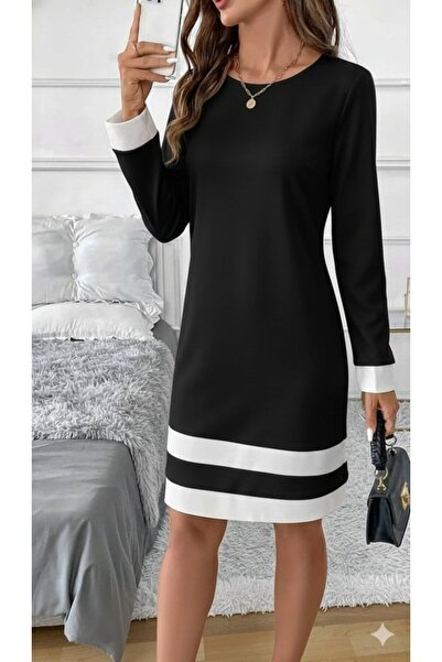 Gökyüzü Moda Women's Long Sleeve Round Neck Hem Striped Detail Mini Black and...