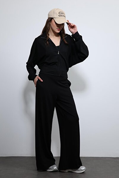 Antioch Black Wide Leg Striped Tracksuit Set