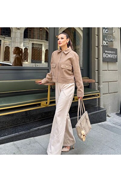 MODA Zr Pocketed Short Bomber Beige Cashmere Jacket