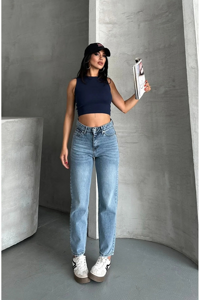 mooishan بنطلون جينز موم من القطن عالي الخصر قصة ضيقة - جينز موم جديد Hsn