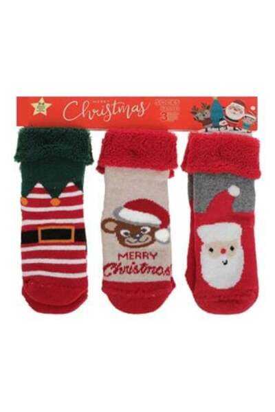 OEMN Christmas Socks with Santa and Bear Belt 'Merry Christmas' for Babies - 3 Pairs