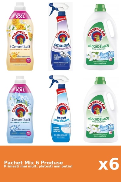 Chanteclair Set 6 Mix: 2 Balsam (Lotus, Portocale), 2 Anticalcar (Parfumat, Stralucire), 2 Detergent (Mosc Alb)