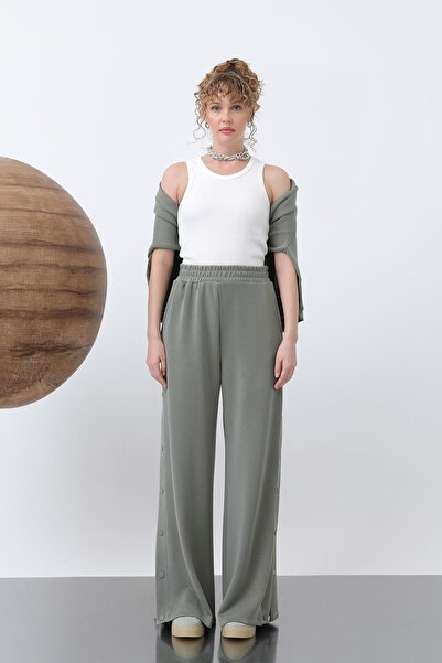 Byelmira Women's Snap Detail Modal Sweatpants Khaki