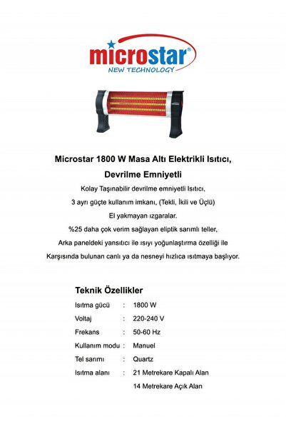 Microstar 1800W Elektrikli Masa Altı Çift Ayaklı Isıtıcı Soba Devrilme Emniye...