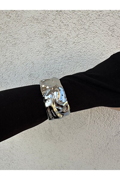 onse 316L Çelik Gümüş Asimetrik Şekilli Kalın Kadın Kelepçe Modern Bileklik K...