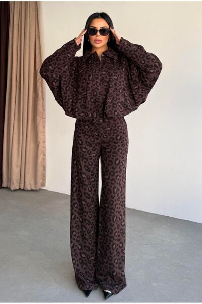 EGZOTİK ASORTİK Leopard Patterned Bomber Model Jacket Pants Set