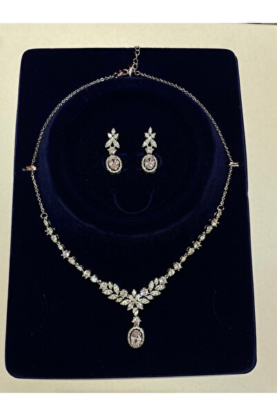 La She Accessories Pırlanta görünümlü Zirkon taş kolye ve küpe Çiçek model ta...