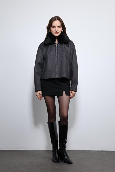 Antioch Anthracite Wool Blend Faux Fur Collar Jacket