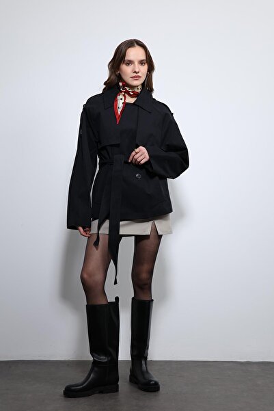 Antioch Black Belted Short Trench Coat