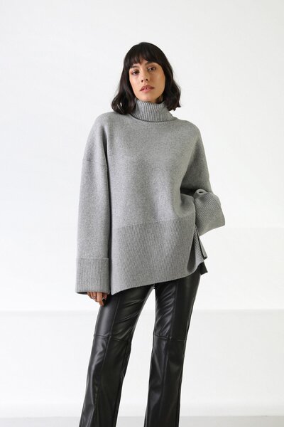 Ferraro Gray Long Sleeve Side Slit Turtleneck Cashmere Women's Knitwear Sweater