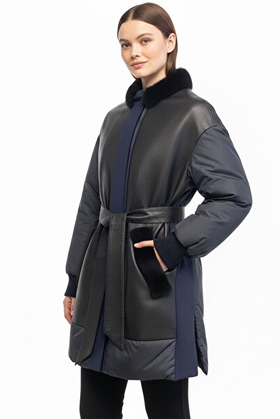Deriderim Navy Blue Armel Detailed Zippered Lined Women's Genuine Leather Coat