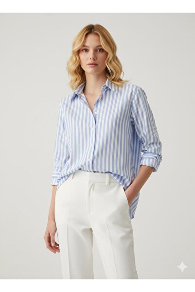 Meşe Moda Women's Blue-White Striped Oversized Shirt