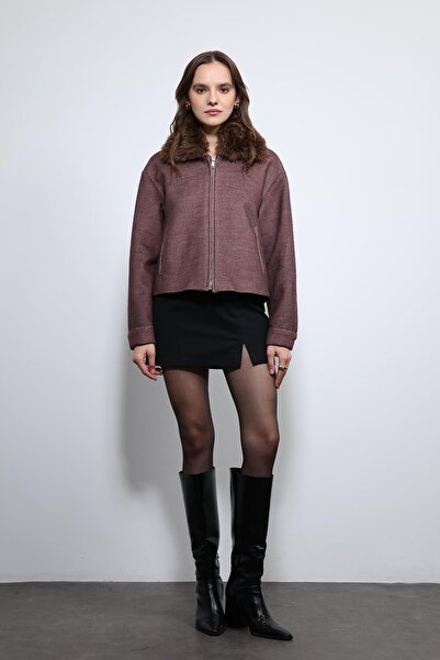 Antioch Burgundy Wool Blend Faux Fur Collar Jacket