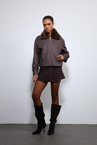 Antioch Coffee Wool Blend Faux Fur Collar Jacket