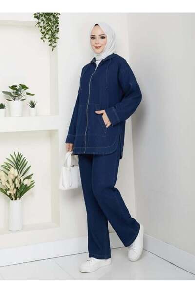 Hb Harma Time Butik Women's Hooded Pocket Dark Denim Blue Tunic Trousers Set