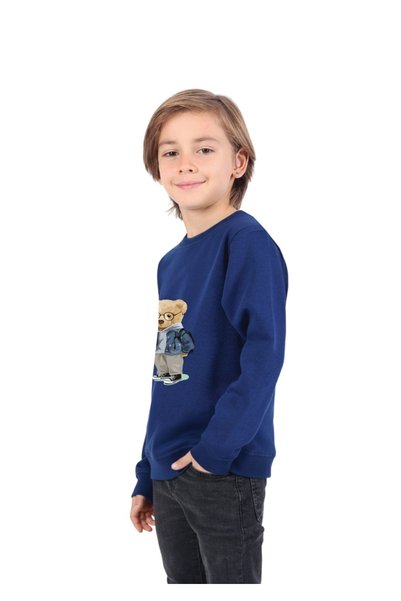 Rekormoda Boy's Sweatshirt Teddy Bear Printed Crew Neck 3-Thread Fleece-Lined 5-10 Years Old Navy Blue