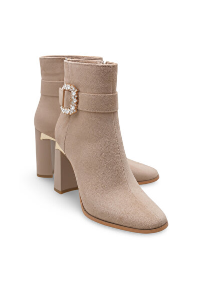 Women Lay-z ✅ Women's Beige Suede 9.5 cm Heeled Square Toe Stylish Buckle Daily and Special Occasion Matching Boots