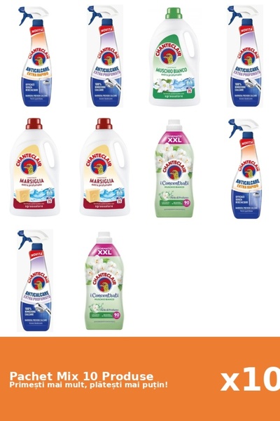 Chanteclair Set 10 Mix: 5 Anticalcar (Parfumat, Rapid), 3 Detergent (Marsilia, Mosc Alb), 2 Balsam (Mosc Alb)